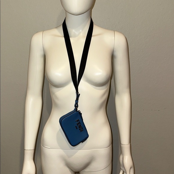 Fendi blue calf leather porta monete small card case pochette w logo lanyard - Picture 3 of 14